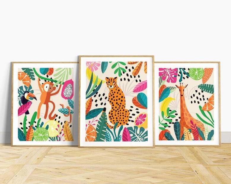 Colorful Safari Nursery Canvas Set Jungle Theme For Playroom Or Nursery