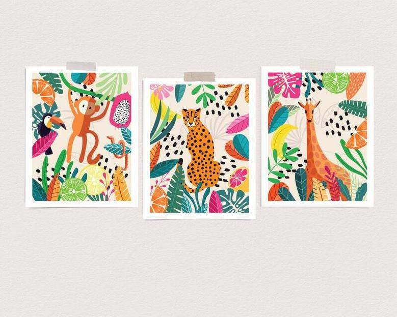 Colorful Safari Nursery Canvas Set Jungle Theme For Playroom Or Nursery