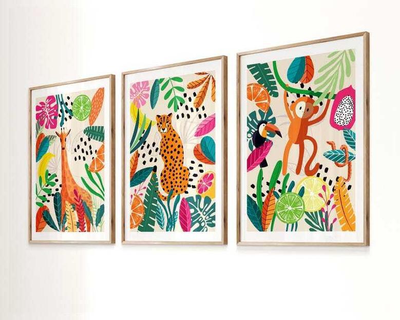 Colorful Safari Nursery Canvas Set Jungle Theme For Playroom Or Nursery