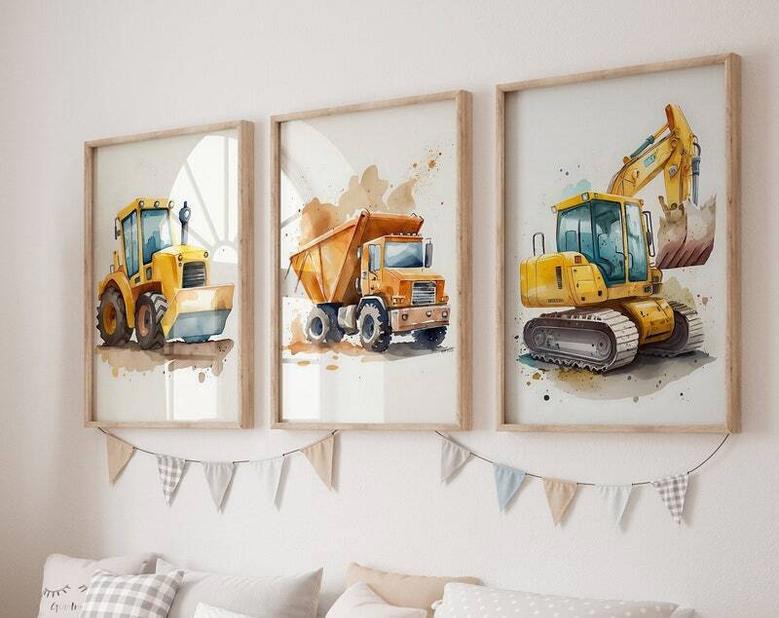 Construction Nursery Canvas Wall Art For Baby Boy's Room - Truck Playroom Theme Decor