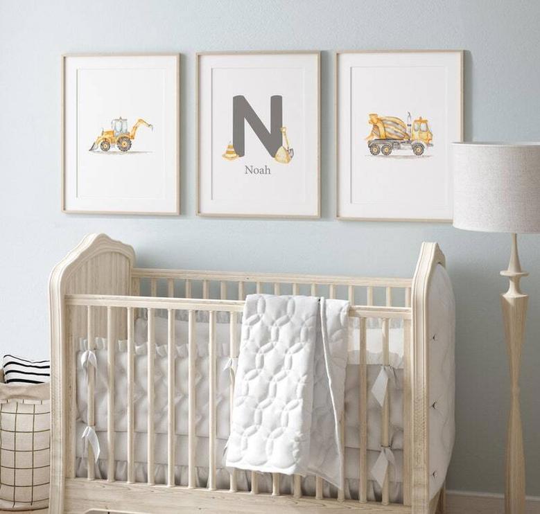 Personalized Construction-Themed Nursery Canvas Set For Baby Boy's Room Decor