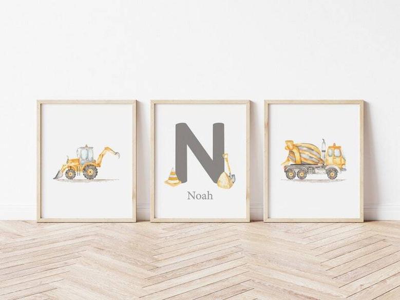 Personalized Construction-Themed Nursery Canvas Set For Baby Boy's Room Decor