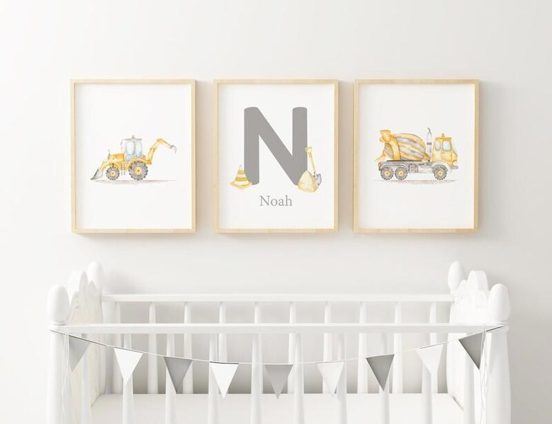 Personalized Construction-Themed Nursery Canvas Set For Baby Boy's Room Decor