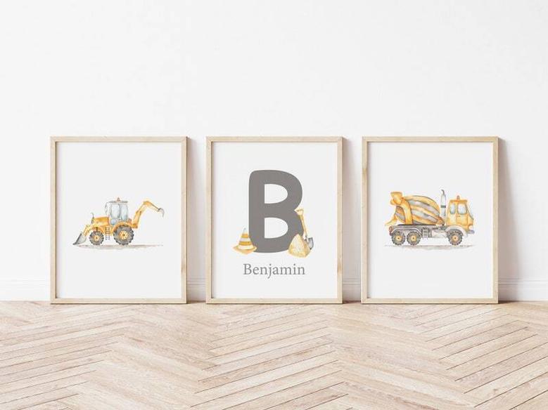 Personalized Construction-Themed Nursery Canvas Set For Baby Boy's Room Decor