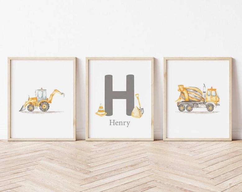 Personalized Construction-Themed Nursery Canvas Set For Baby Boy's Room Decor