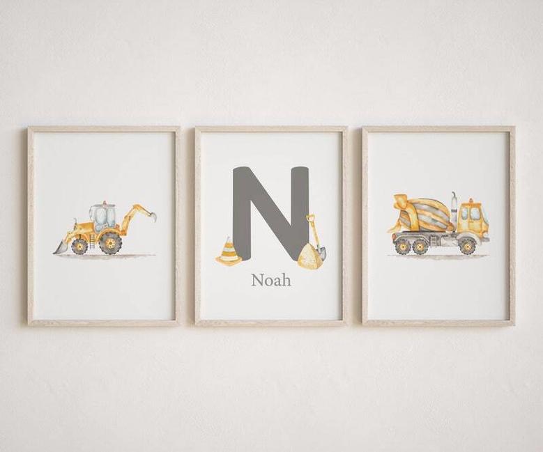 Personalized Construction-Themed Nursery Canvas Set For Baby Boy's Room Decor