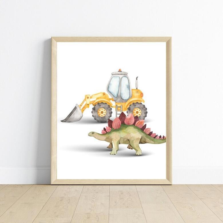 Baby Boy Dinosaur Canvas Set - Construction Theme Nursery Wall Art