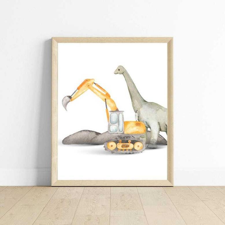 Baby Boy Dinosaur Canvas Set - Construction Theme Nursery Wall Art