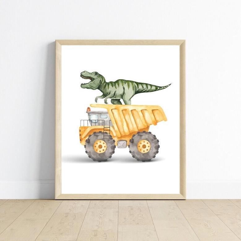 Baby Boy Dinosaur Canvas Set - Construction Theme Nursery Wall Art