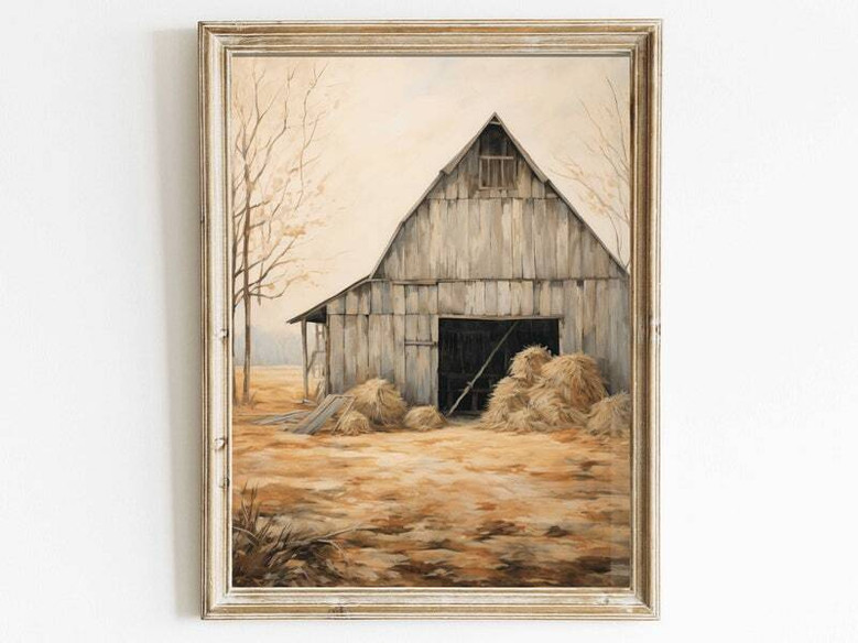 Vintage countryside barn canvas wall art, rustic farmhouse style accent for living room or hallway country decor