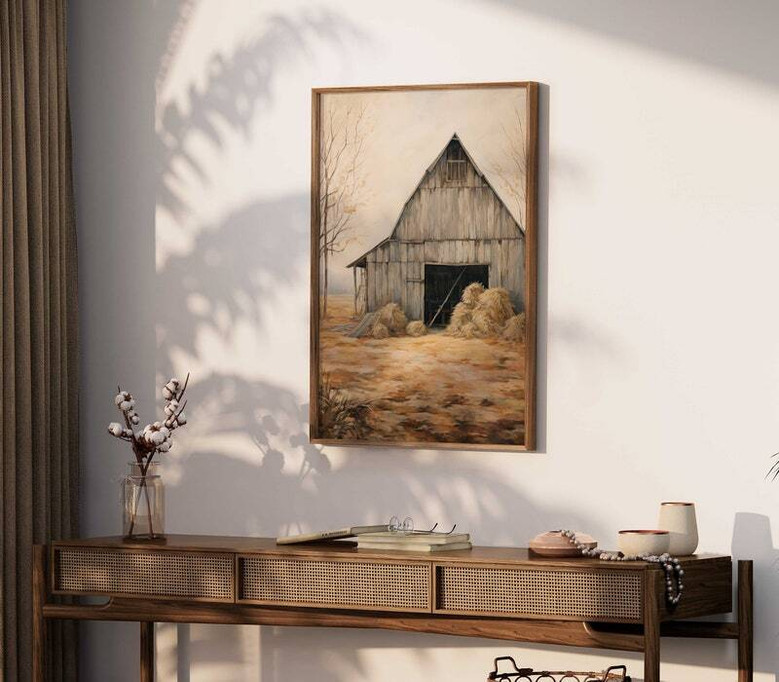 Vintage barn landscape canvas print with rustic farmhouse charm, neutral tones for country style home wall decor