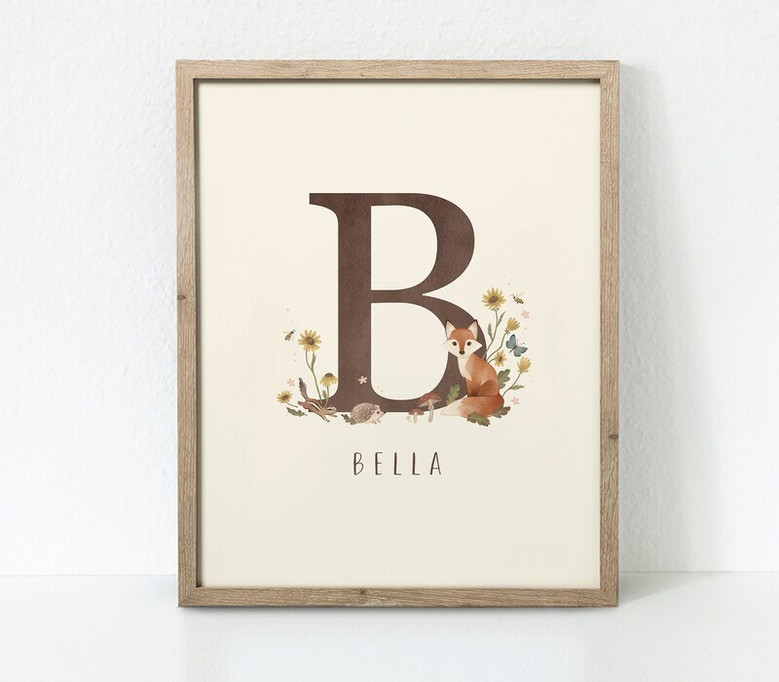 Woodland nursery canvas art with rustic bear and fox around a custom initial and name, baby shower gift for parents Woodland nursery canvas art with rustic bear and fox around a custom initial and name, baby shower gift for parents
