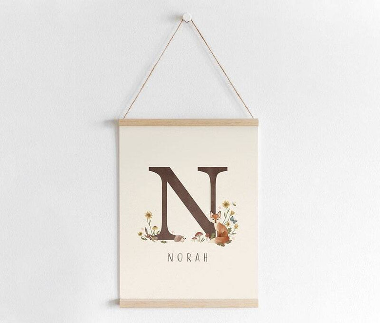 Woodland nursery canvas art with rustic burlap look, custom monogram initial and name, soft neutral tones for baby's room Woodland nursery canvas art with rustic burlap look, custom monogram initial and name, soft neutral tones for baby's room