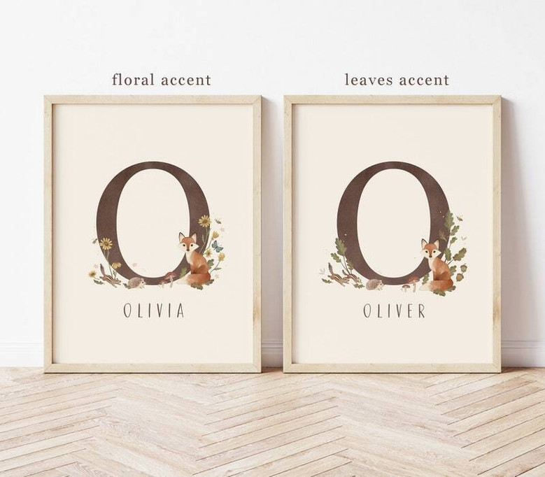 Woodland nursery canvas art in rustic woodgrain style with custom monogram initial and name, forest decor for baby's room Woodland nursery canvas art in rustic woodgrain style with custom monogram initial and name, forest decor for baby's room