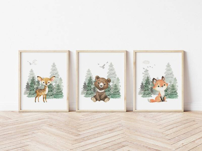 Woodland bear canvas print with watercolor pine forest in muted blue-gray palette, custom name for toddler room decor