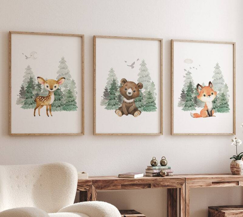 Woodland bear canvas wall art in soft watercolor, personalized with child’s name; nursery decor with pine forest backdrop