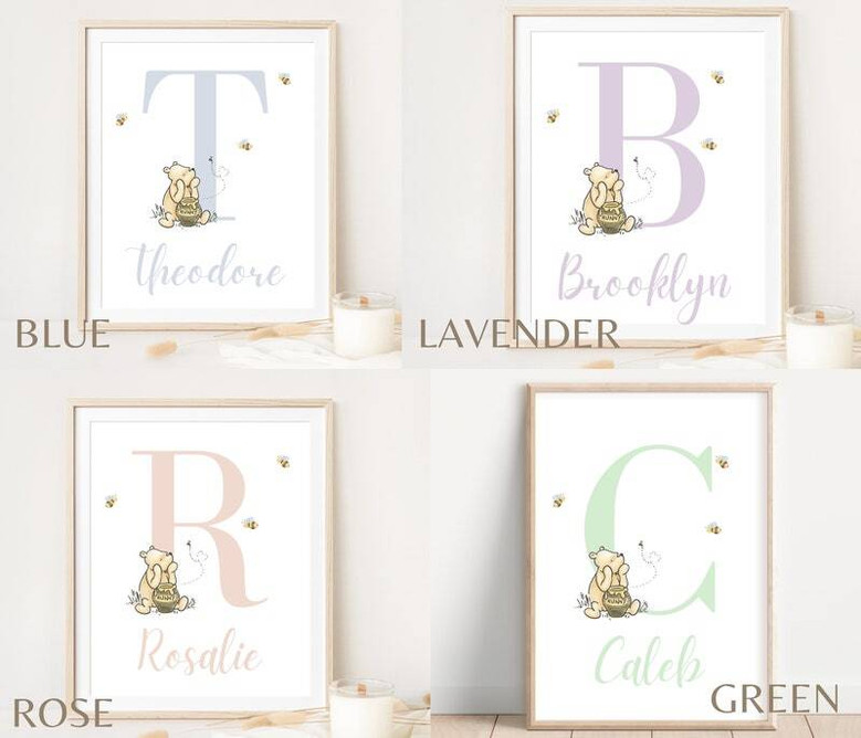 Winnie the Pooh nursery canvas, personalized with baby's name, classic wall art and a sweet baby shower gift for new parents