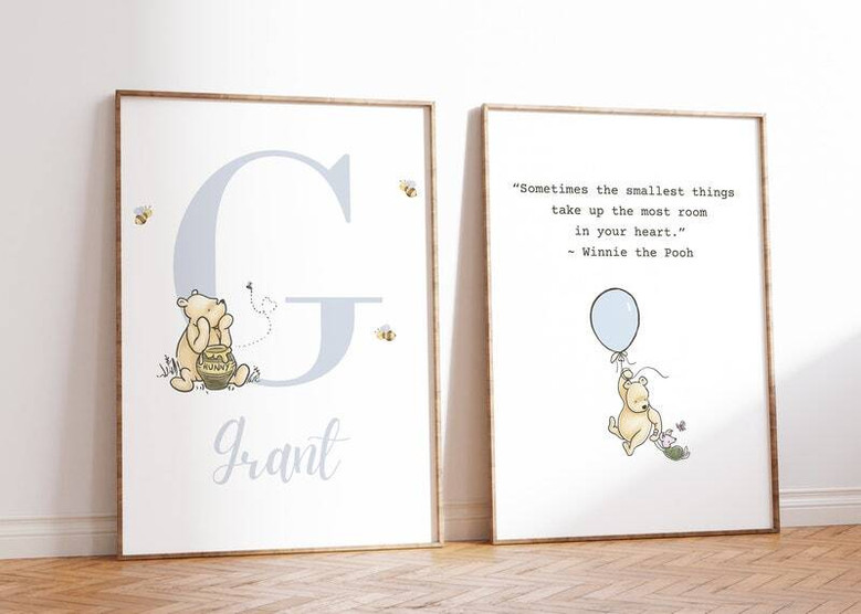 Winnie the Pooh personalized canvas for nursery, custom name featured in a classic design, adorable wall decor for a new baby