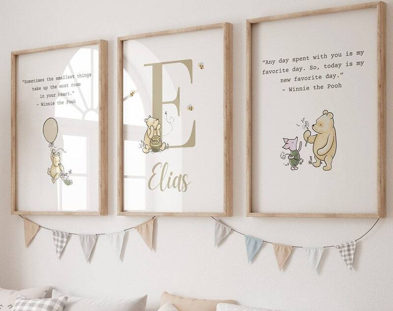 Winnie the Pooh canvas print for baby nursery, personalized with custom name in a classic look, charming nursery wall decor