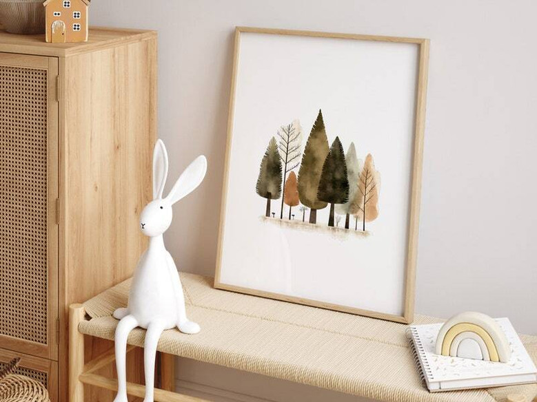 Woodland nursery canvas, whimsical bear and fox with mountain backdrop, portrait orientation, sweet baby shower gift idea