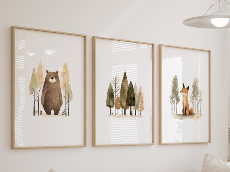 Woodland nursery canvas wall art with cute bear and fox under mountain peaks, pastel palette, ideal baby shower gift decor