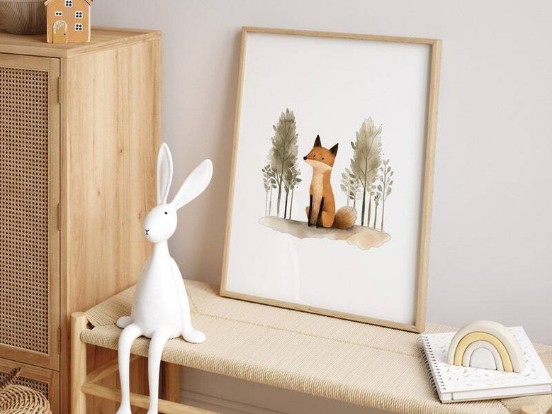 Forest-themed nursery canvas wall art, cute bear and fox amid mountains and pines, horizontal layout, cozy baby nursery decor