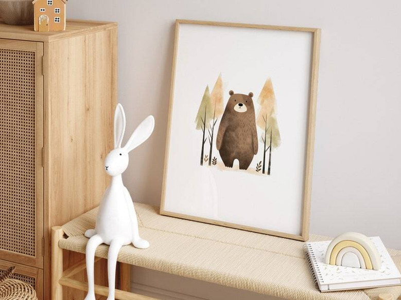 Forest animals canvas art for baby room, bear and fox by pine trees and mountains, neutral earth tones, nursery wall decor