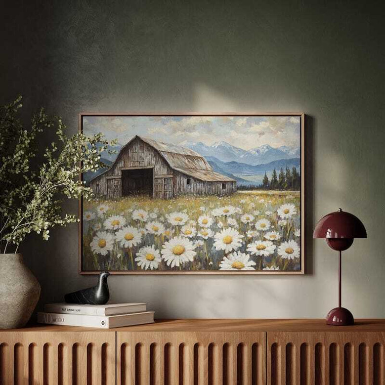 Rustic farmhouse canvas art of daisies at golden hour, textured oil-look countryside landscape for living room decor