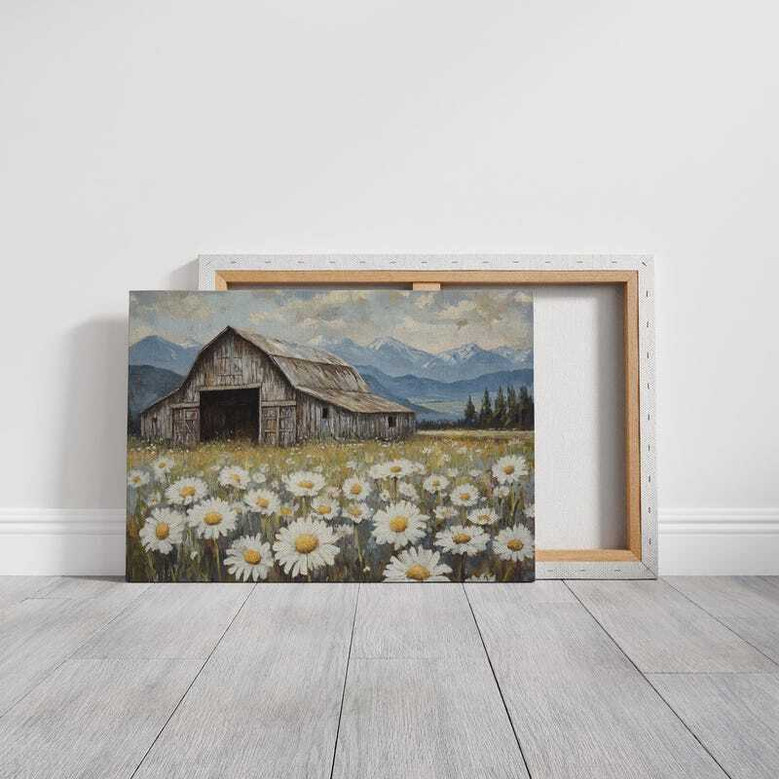 Rustic farmhouse canvas art showcasing daisies and rolling hills, square design in earthy tones for living room decor