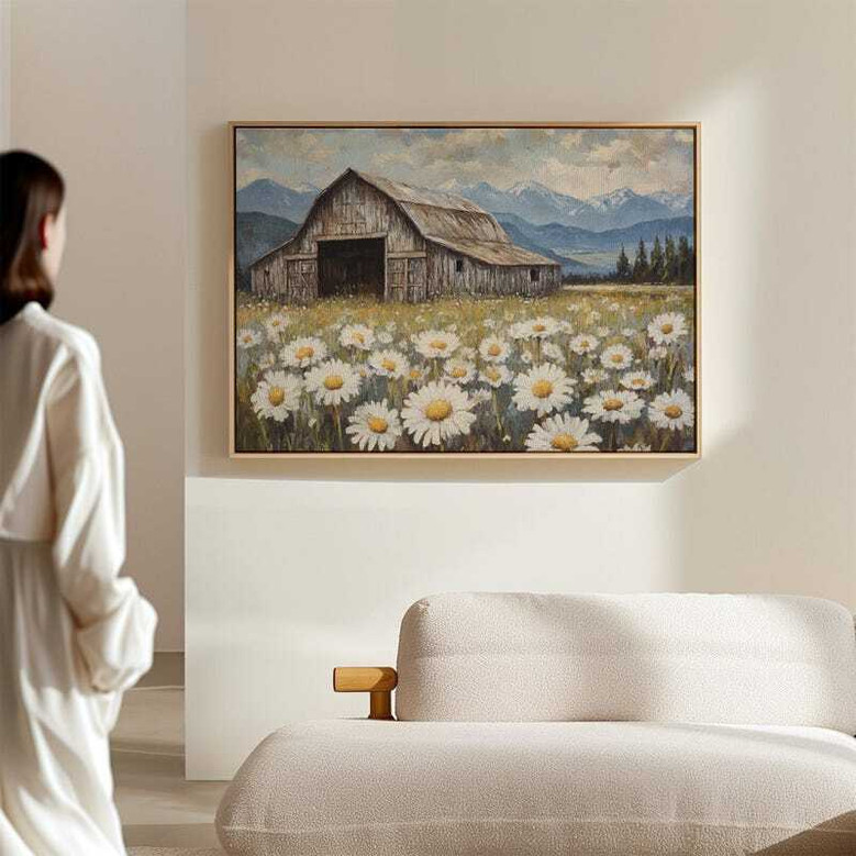 Rustic farmhouse canvas art with daisies and distant barn, gallery-wrapped landscape in muted neutrals for living room