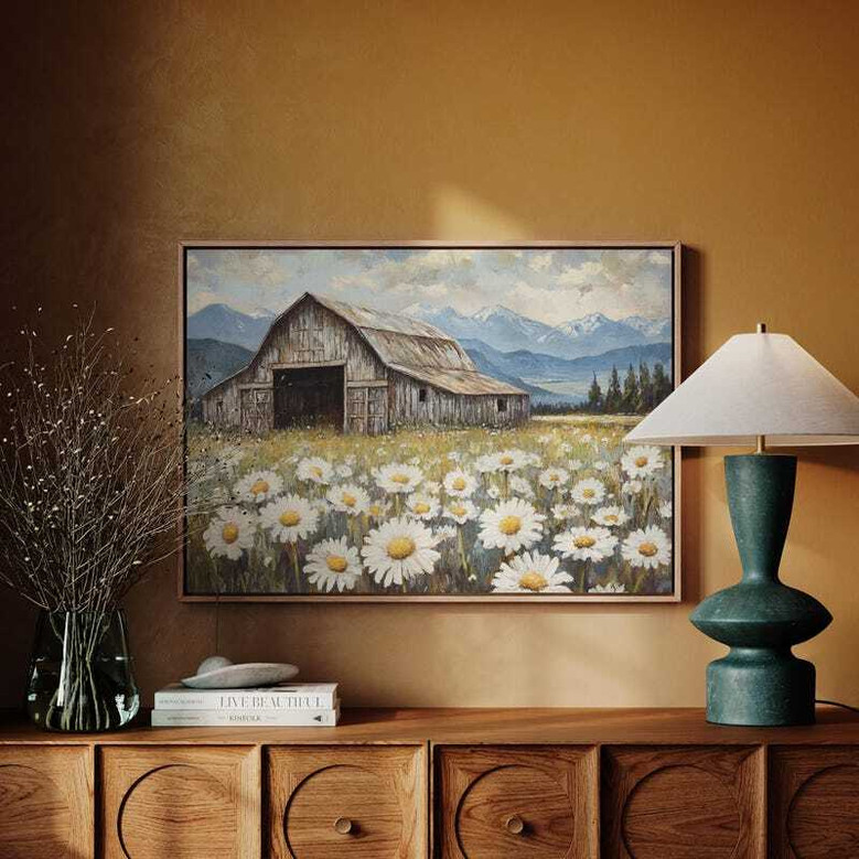 Rustic farmhouse canvas art with daisies by a wooden fence, wide landscape in neutral palette, shabby-chic for living room