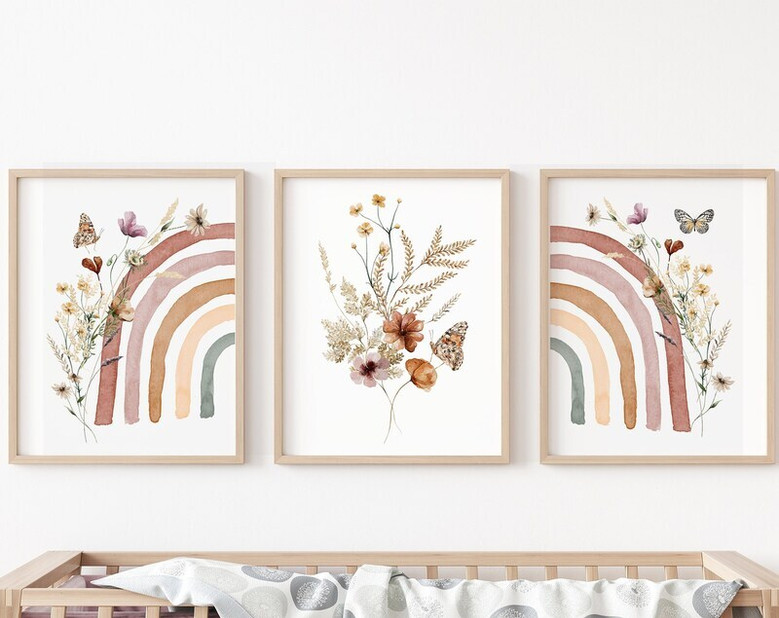 Boho rainbow wildflower nursery canvas set of 3, soft pastel pink and terracotta, triptych wall art for baby girl room decor