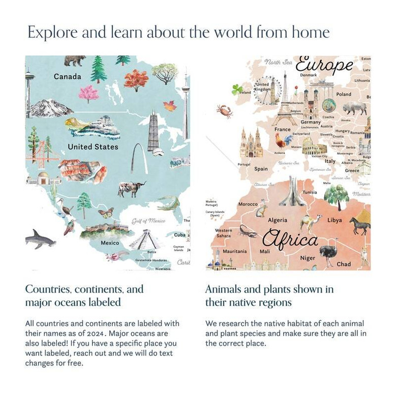 Boho nursery world map canvas wall art, landscape orientation in gender-neutral boho colors, educational baby shower gift Boho nursery world map canvas wall art, landscape orientation in gender-neutral boho colors, educational baby shower gift