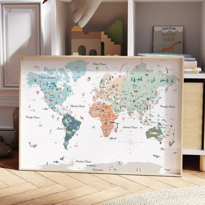 Boho nursery world map canvas wall art for kids, pastel sage and terracotta tones, educational landscape decor for playroom Boho nursery world map canvas wall art for kids, pastel sage and terracotta tones, educational landscape decor for playroom