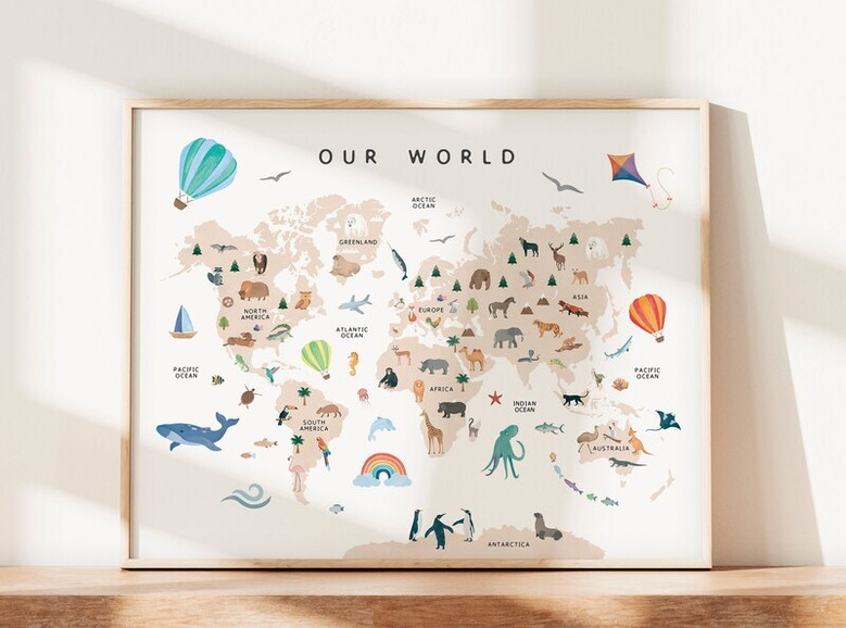 Safari animal world map canvas, pastel watercolor landscape with labeled oceans and continents for nursery and kids room