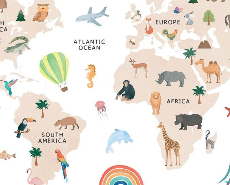 Safari animal world map canvas printable, labeled continents and oceans with animals for homeschool or classroom decor