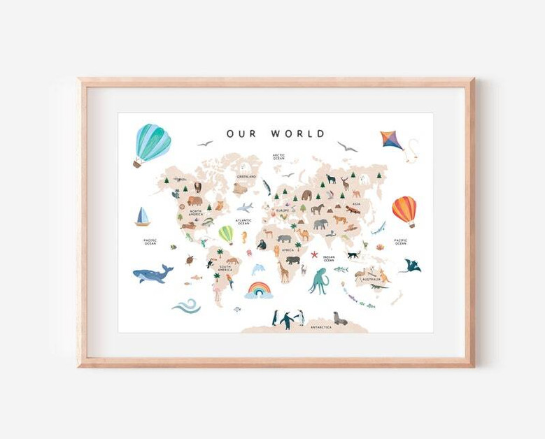 Safari animal world map canvas with compass rose, animals on each continent, beige background nursery and kids room wall art