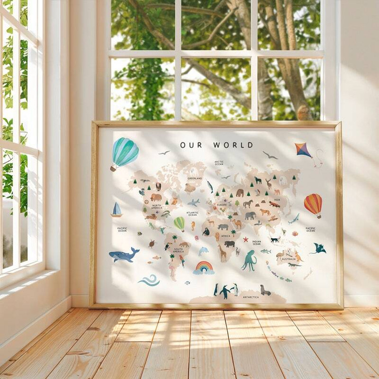 Safari animal world map canvas with minimalist style in muted tones, labeled continents for gender-neutral nursery decor