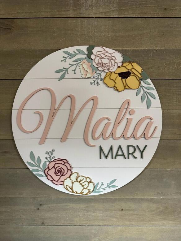 Personalized Floral Baby Girl Name Sign For Nursery - Layered Flower Design