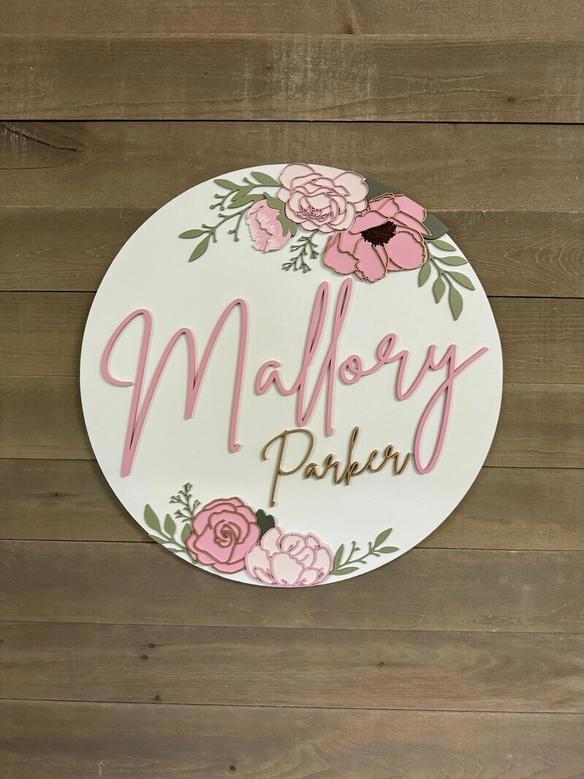 Personalized Floral Baby Girl Name Sign For Nursery - Layered Flower Design