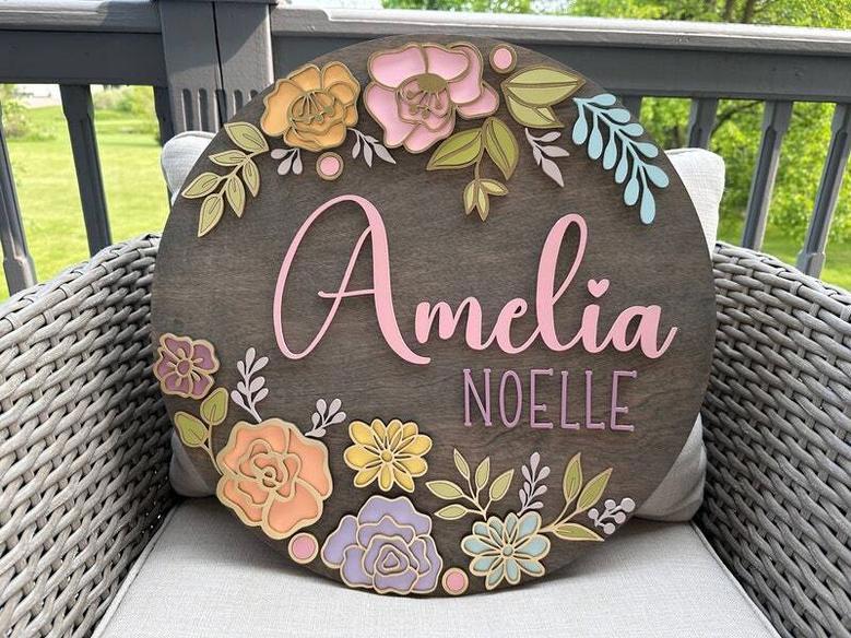 Custom Floral Baby Girl Nursery Sign - Personalized Wood Decor For Baby Shower Gift