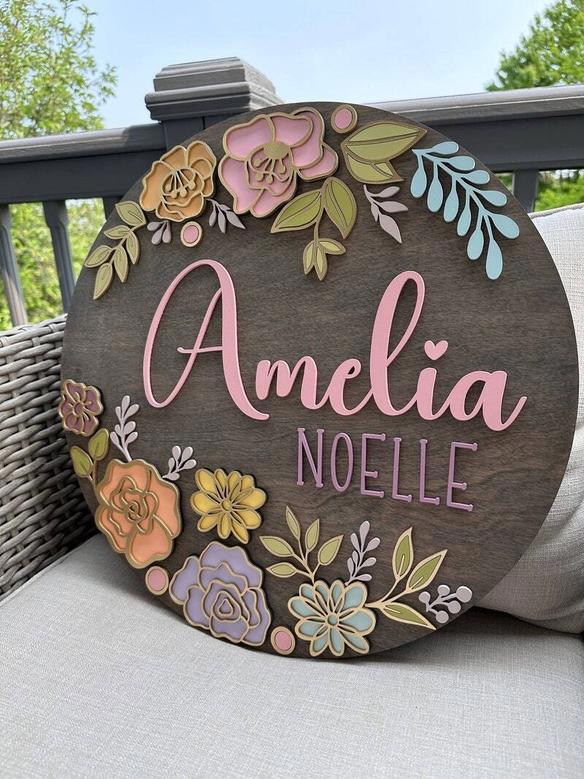 Custom Floral Baby Girl Nursery Sign - Personalized Wood Decor For Baby Shower Gift