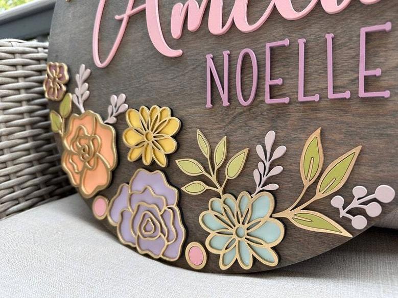 Custom Floral Baby Girl Nursery Sign - Personalized Wood Decor For Baby Shower Gift