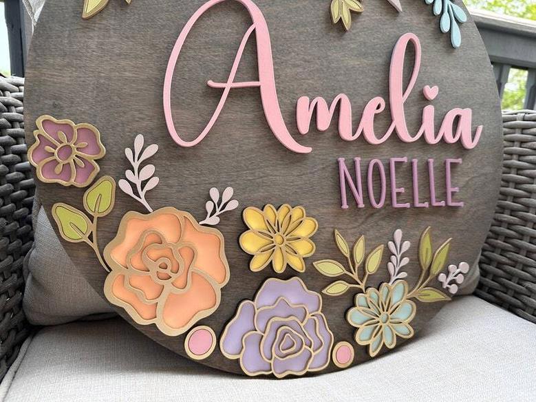 Custom Floral Baby Girl Nursery Sign - Personalized Wood Decor For Baby Shower Gift