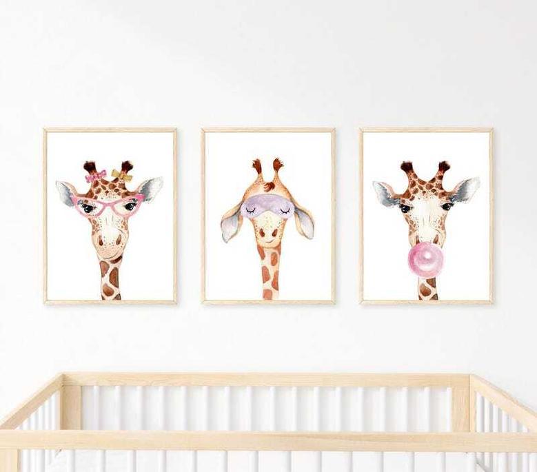 Heartfelt Giraffe Nursery Canvas Trio For Girl's Bedroom Decor - Adorable Kids Room Art