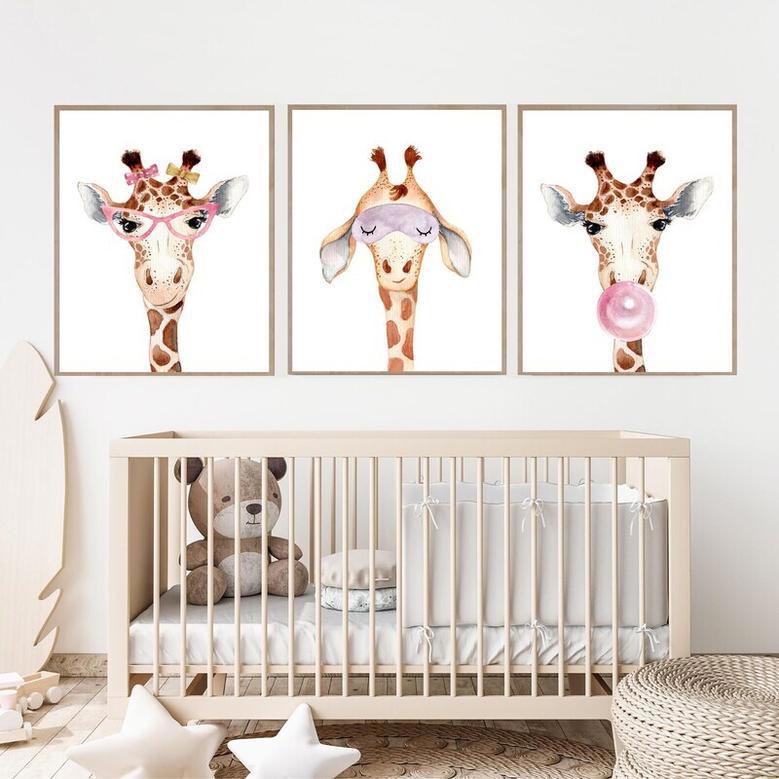 Heartfelt Giraffe Nursery Canvas Trio For Girl's Bedroom Decor - Adorable Kids Room Art