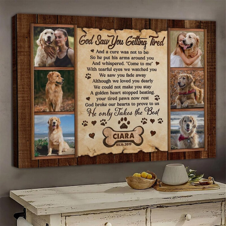 Dog memorial canvas with 'God Saw You Getting Tired' verse, landscape, soft pastel watercolor background, sympathy wall art Dog memorial canvas with 'God Saw You Getting Tired' verse, landscape, soft pastel watercolor background, sympathy wall art