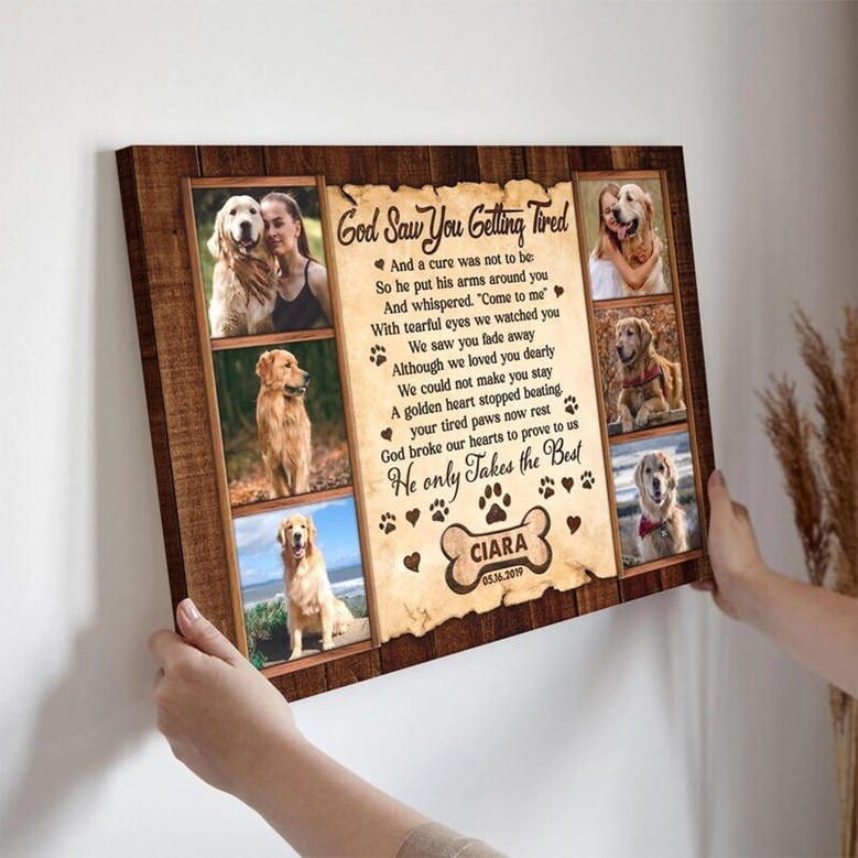 Dog memorial canvas featuring 'God Saw You Getting Tired', landscape, rustic wood background, sympathy gift for pet loss Dog memorial canvas featuring 'God Saw You Getting Tired', landscape, rustic wood background, sympathy gift for pet loss