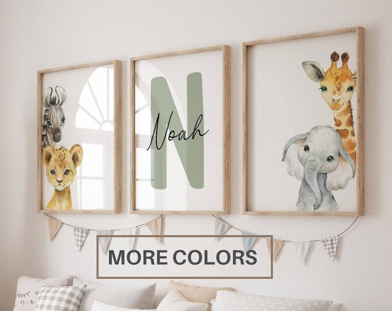 Safari nursery canvas set with personalized name; lion, elephant, giraffe, zebra prints, sweet baby shower gift