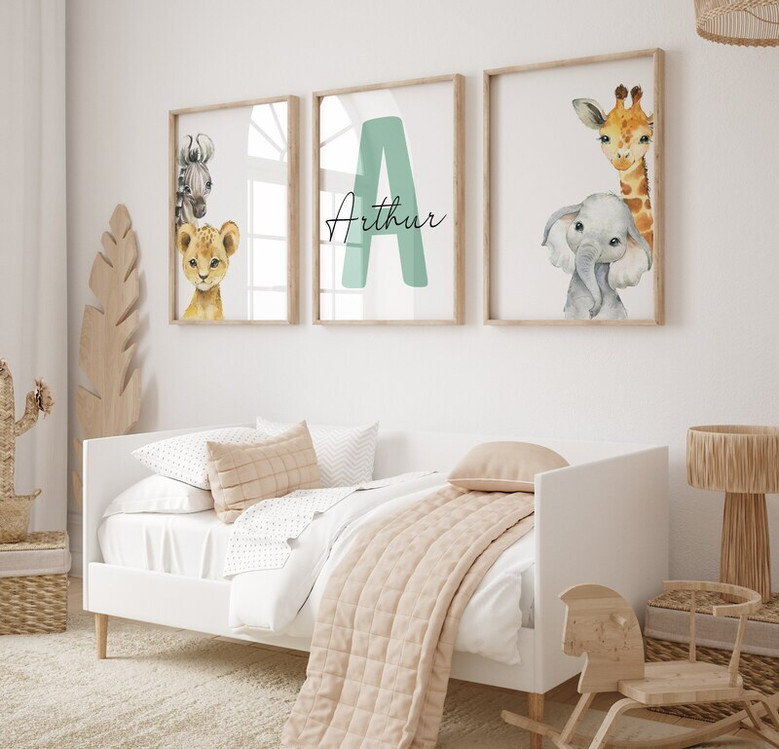 Safari nursery canvas set in soft watercolor, personalized with child name; lion, elephant, giraffe, zebra jungle art